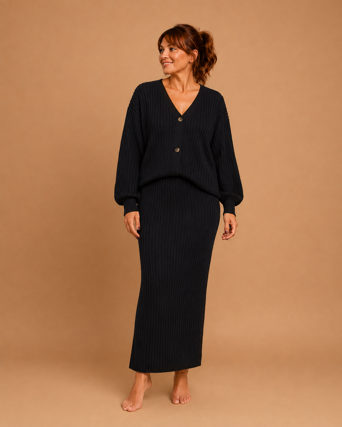 LEA™ - Solid Button Front Sweater & Long Skirt Knit Set