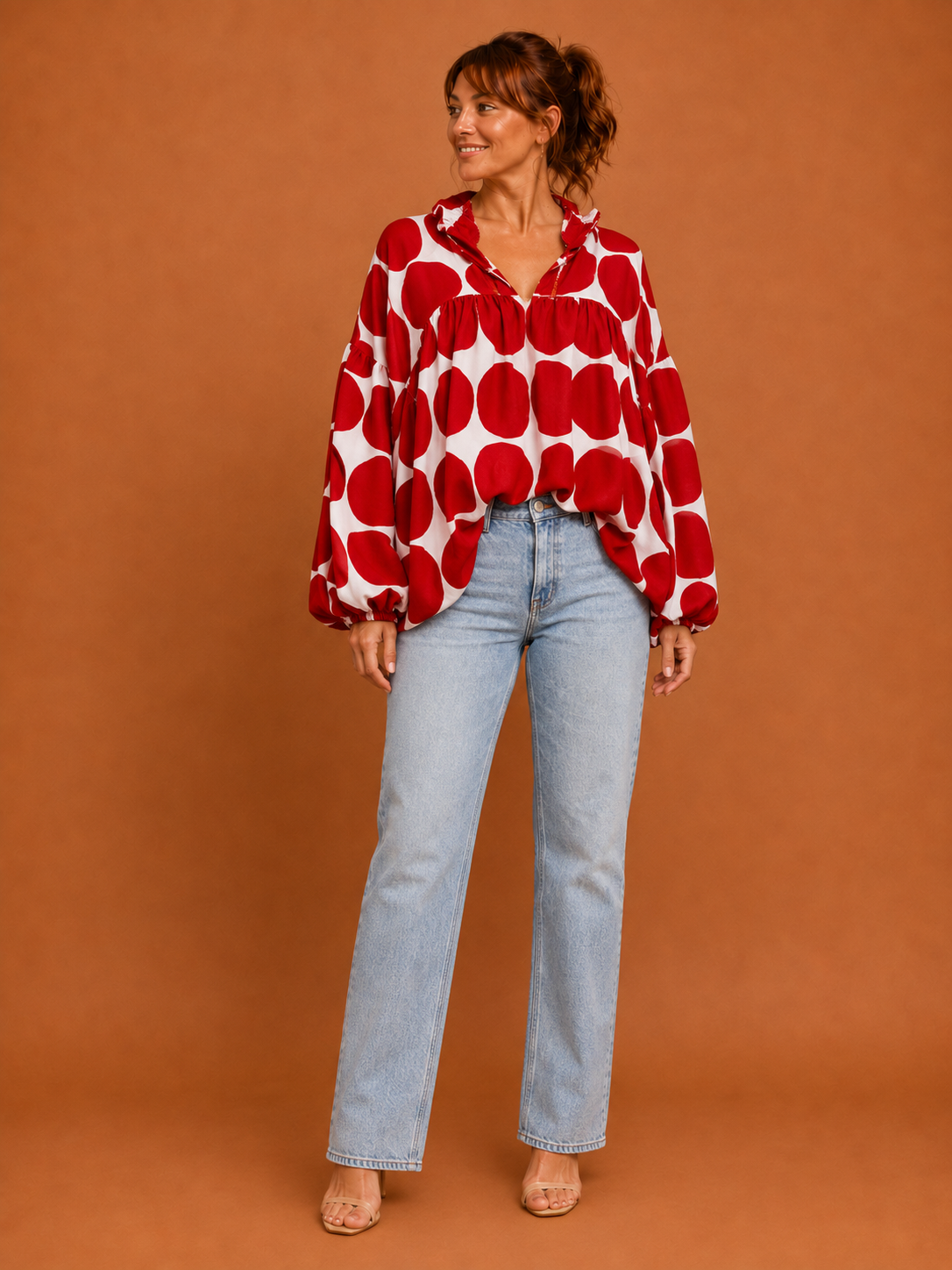 FIONA™ - Elegant V-Neck Red Dot Print Blouse with Lantern Sleeves