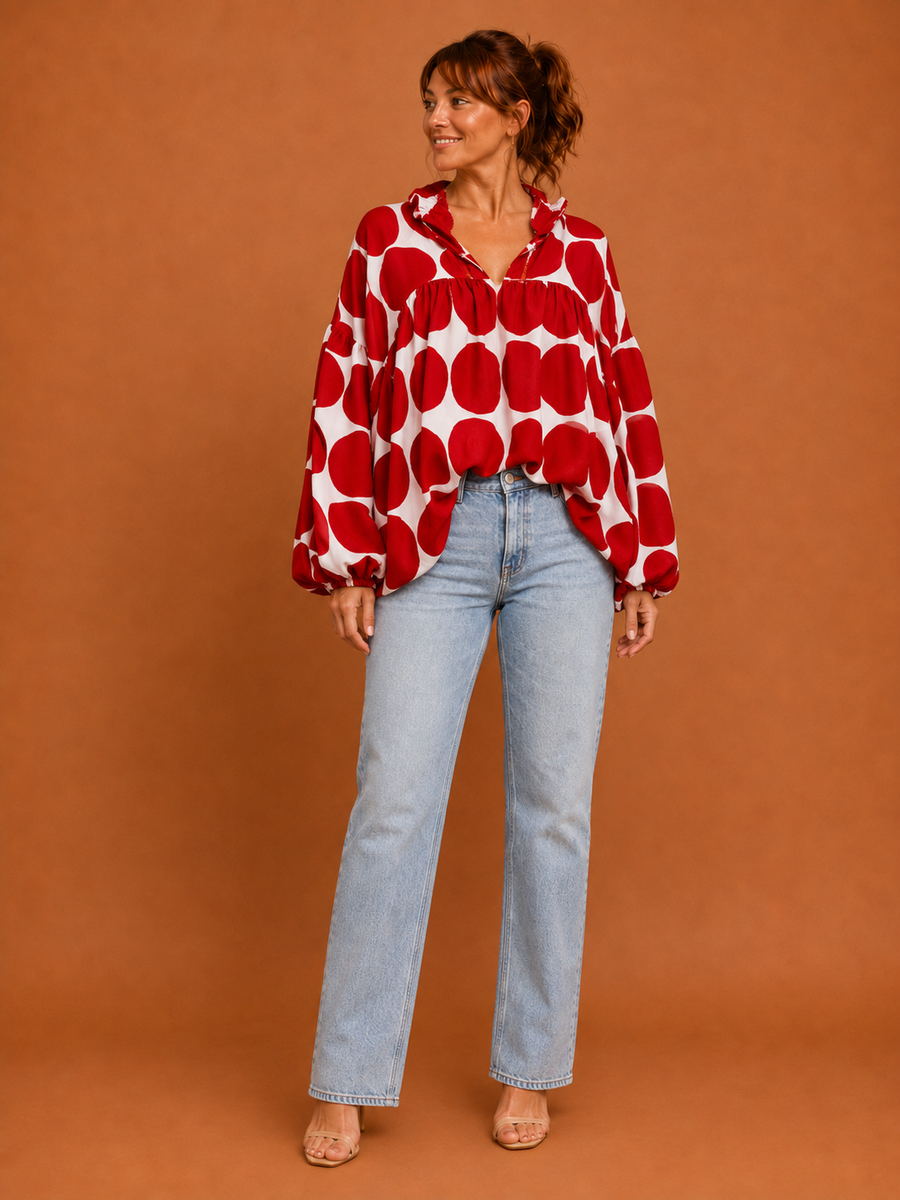 FIONA™ - Elegant V-Neck Red Dot Print Blouse with Lantern Sleeves