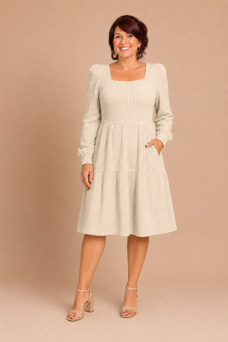 ULAN™ - Casual Square Neck Long Sleeve Midi Dress