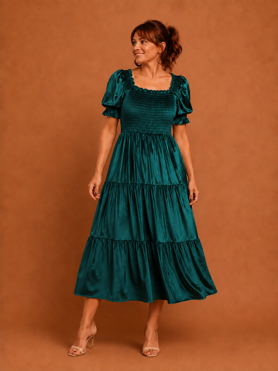 AUDREY™ - Square Neck Puff Sleeve A-Line Midi Dress for All Occasions