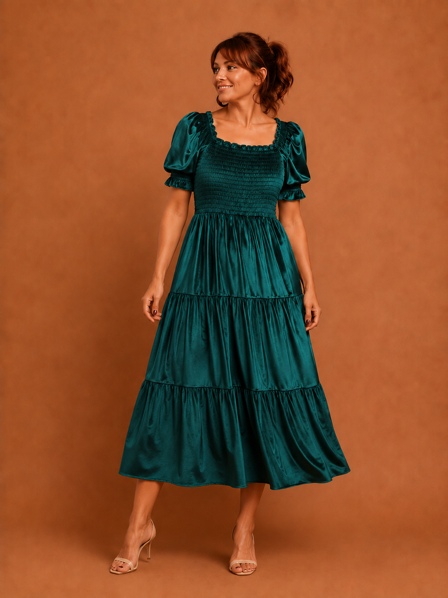 AUDREY™ - Square Neck Puff Sleeve A-Line Midi Dress for All Occasions