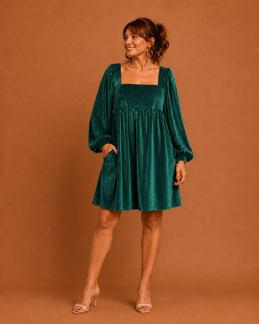 KEYZI™ - Cozy Plain Bishop Sleeve Square Neck Mini Dress