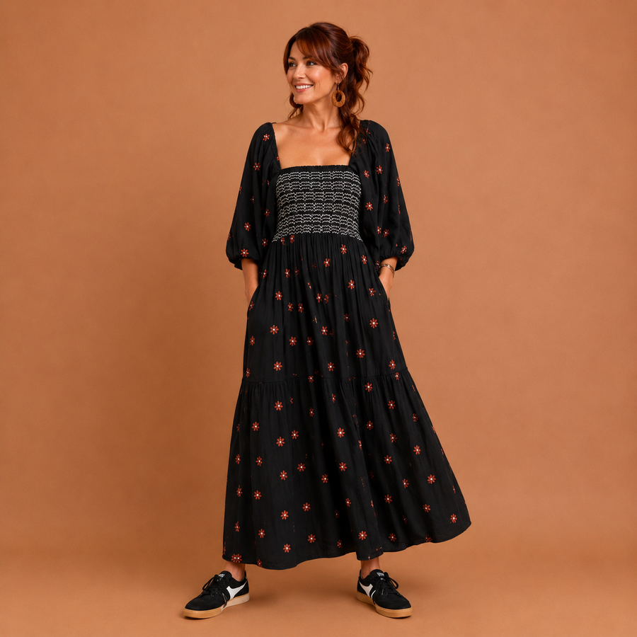 MOIRA™ - Comfy Floral Lantern Sleeve Square Neck Maxi Dress